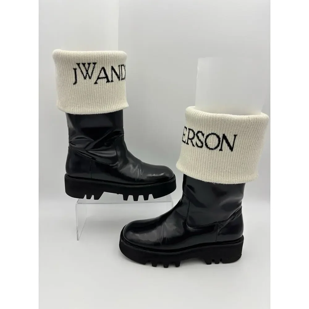 JW Anderson Logo Fisherman Boots Black Patent Leather White Sock Size 39 / 9